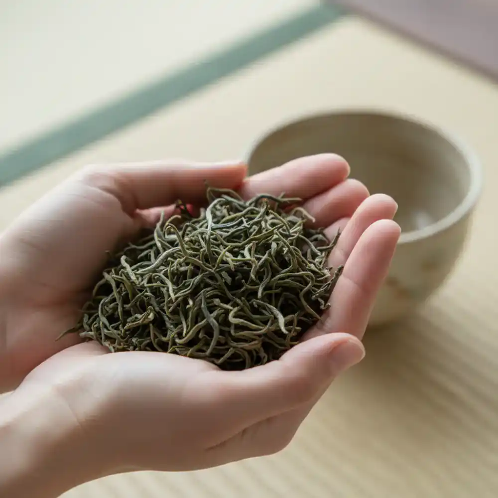 Hands gently holding dried tea leaves