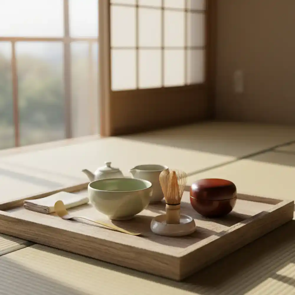 Tea preparation tools on a wooden tray