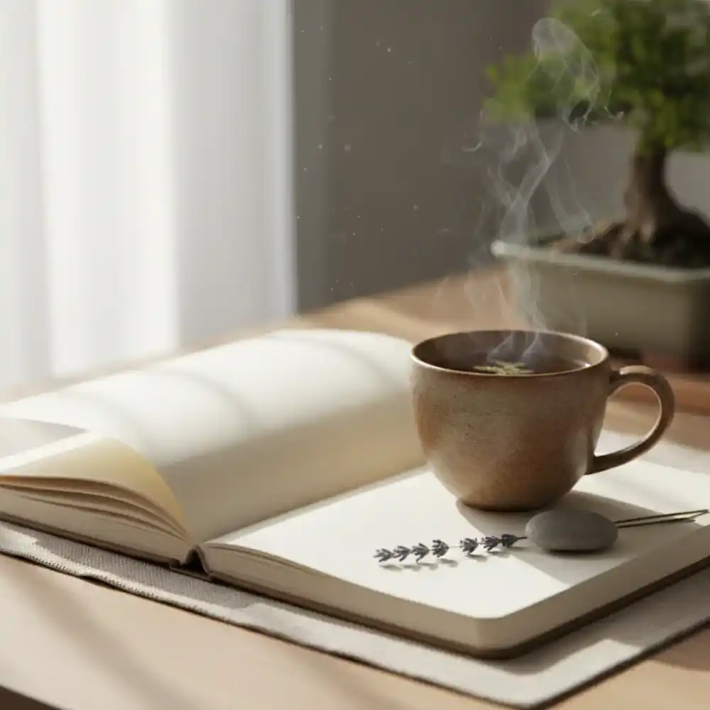 A notebook beside a warm cup
