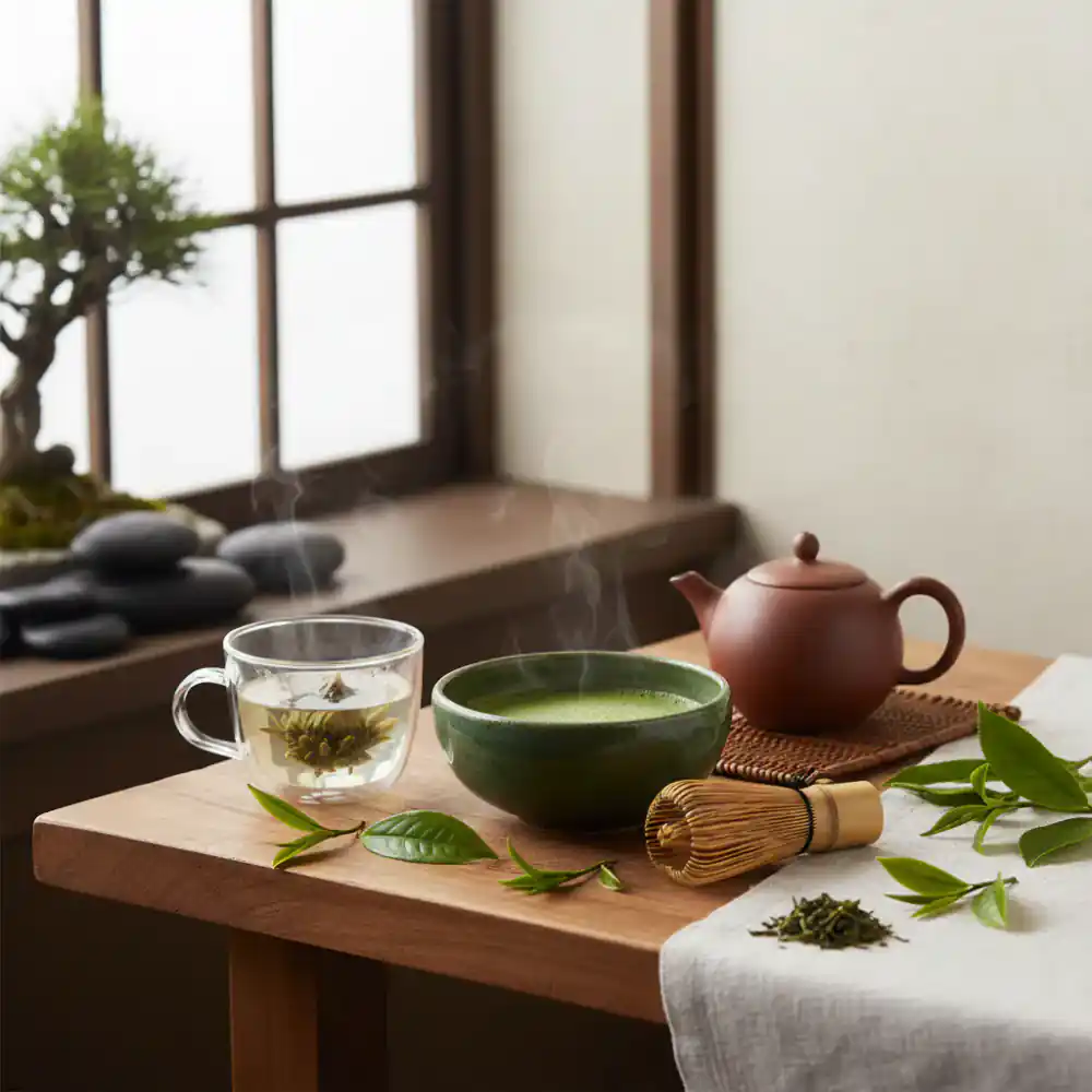 A serene tea ceremony setup with fresh leaves