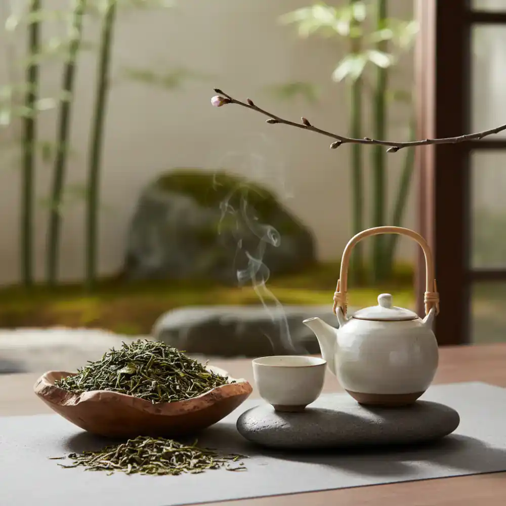 A serene tea arrangement with loose leaves