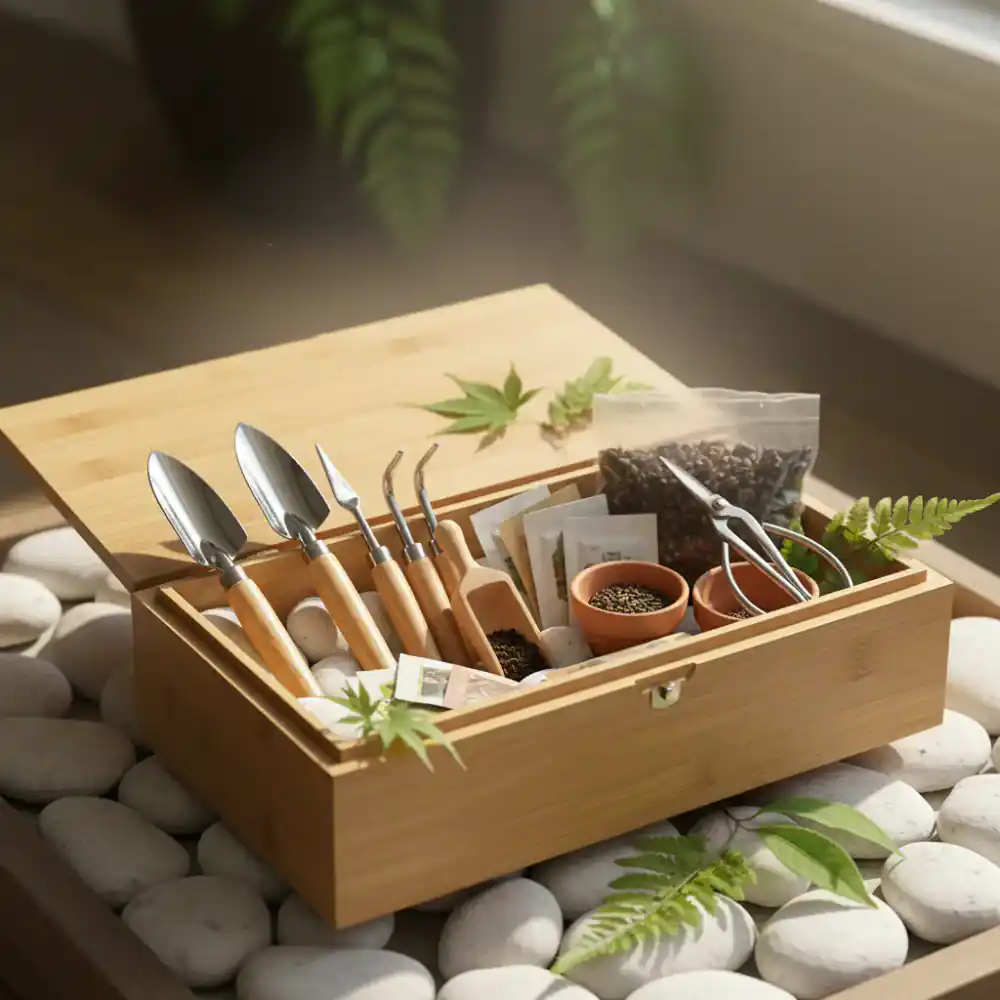 Complete starter kit box with tools and leaves
