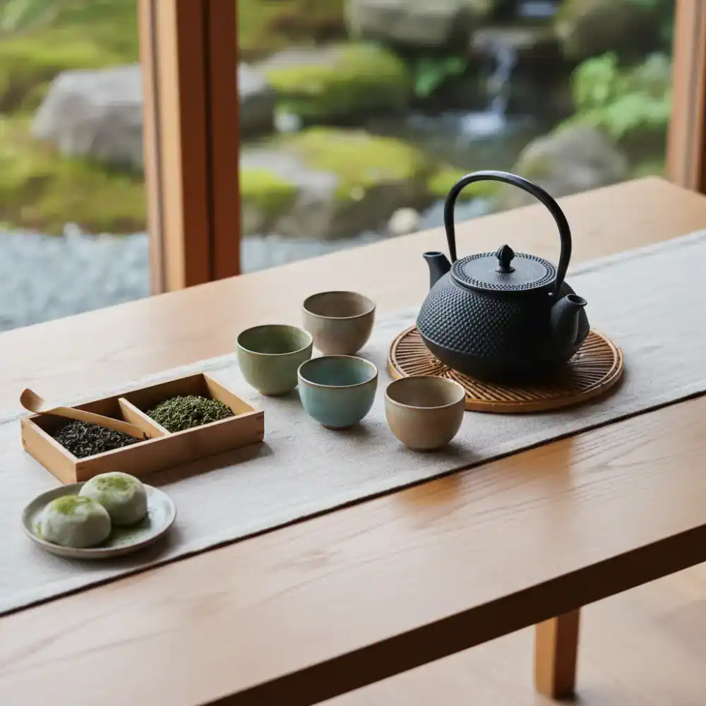 A wooden table set for a tea session